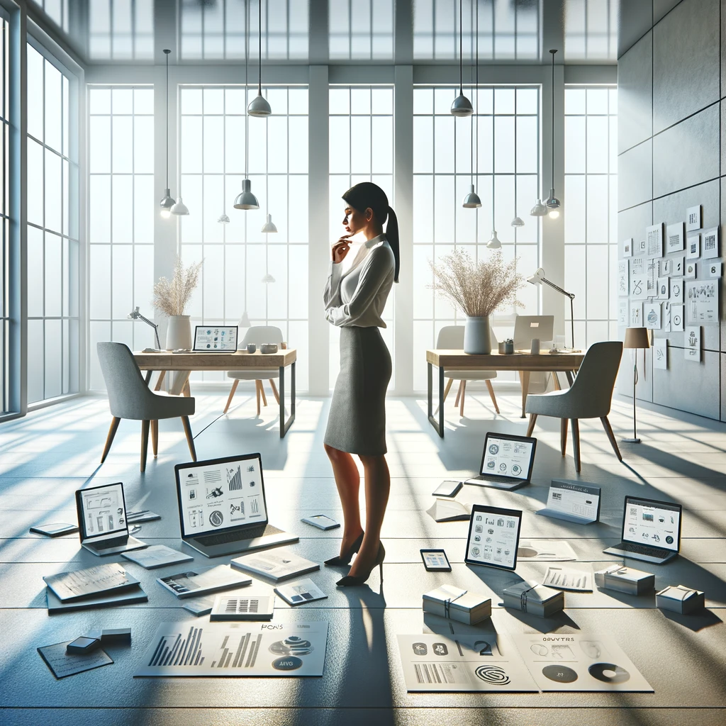 a scene depicting a woman standing in a light, minimalist office space, exuding an air of contemplation and slight overwhelm.